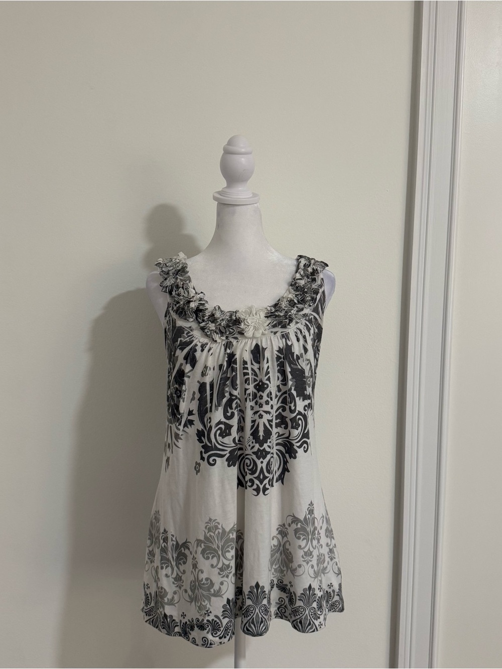 Espresso Y2K Graphic Damask Ruffle Tank Top
